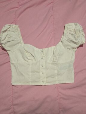 Forever 21 Cream Puff Sleeve Cropped Button-Front Top